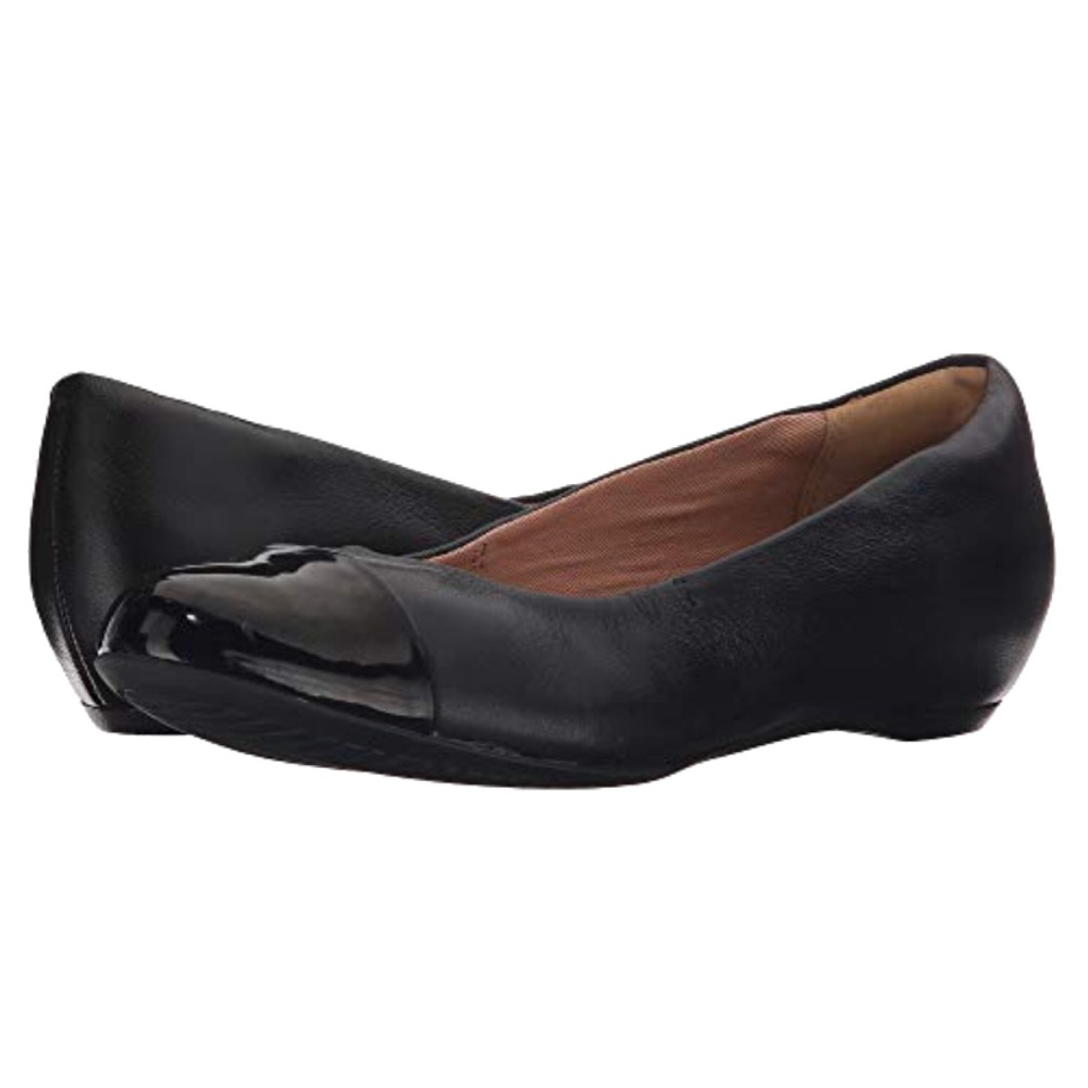 Nearly new! CLARKS Alitay Susan Flat patent toe wedge heel Black Combo 7 Wide